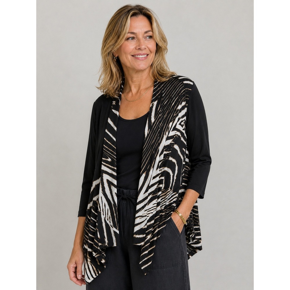 Easywear by Chicos Abstract Print Open Front Cardigan Black Tan Size 1 M 8-10